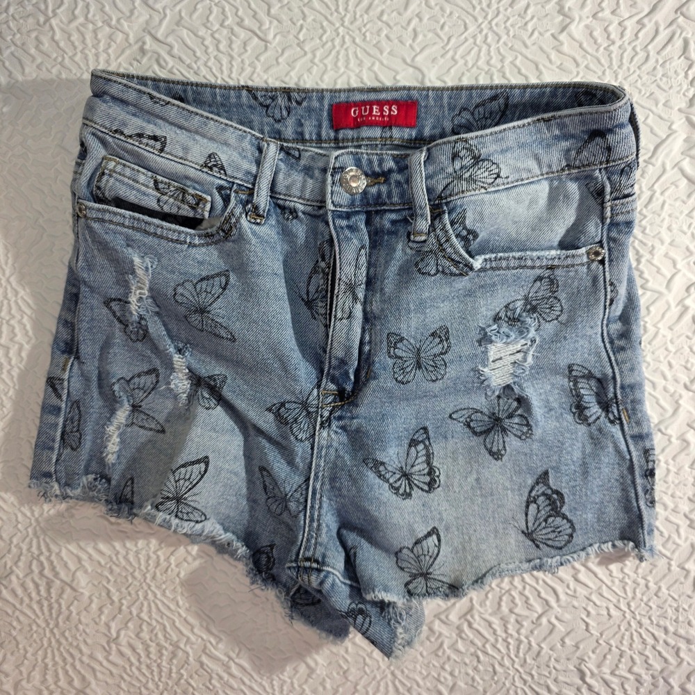 Guess Los Angeles Butterfly Print Distressed Denim Shorts Light Wash Blue Women